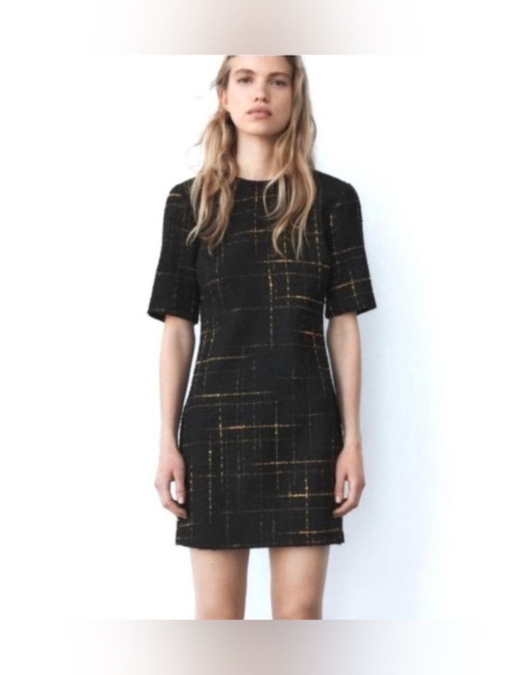 NWOT Zara Short Sleeve Black Tweed Yellow Checkered Dress